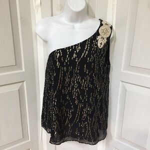 Lilly Pulitzer Silk Black and Metallic Gold One-Shoulder Blouse